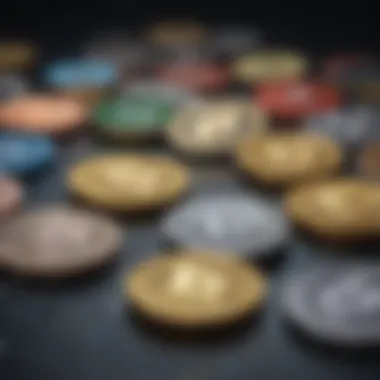 Close-up view of cryptocurrency coins representing altcoins